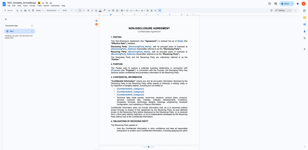 NDA Template ActiveMerge Google Docs
