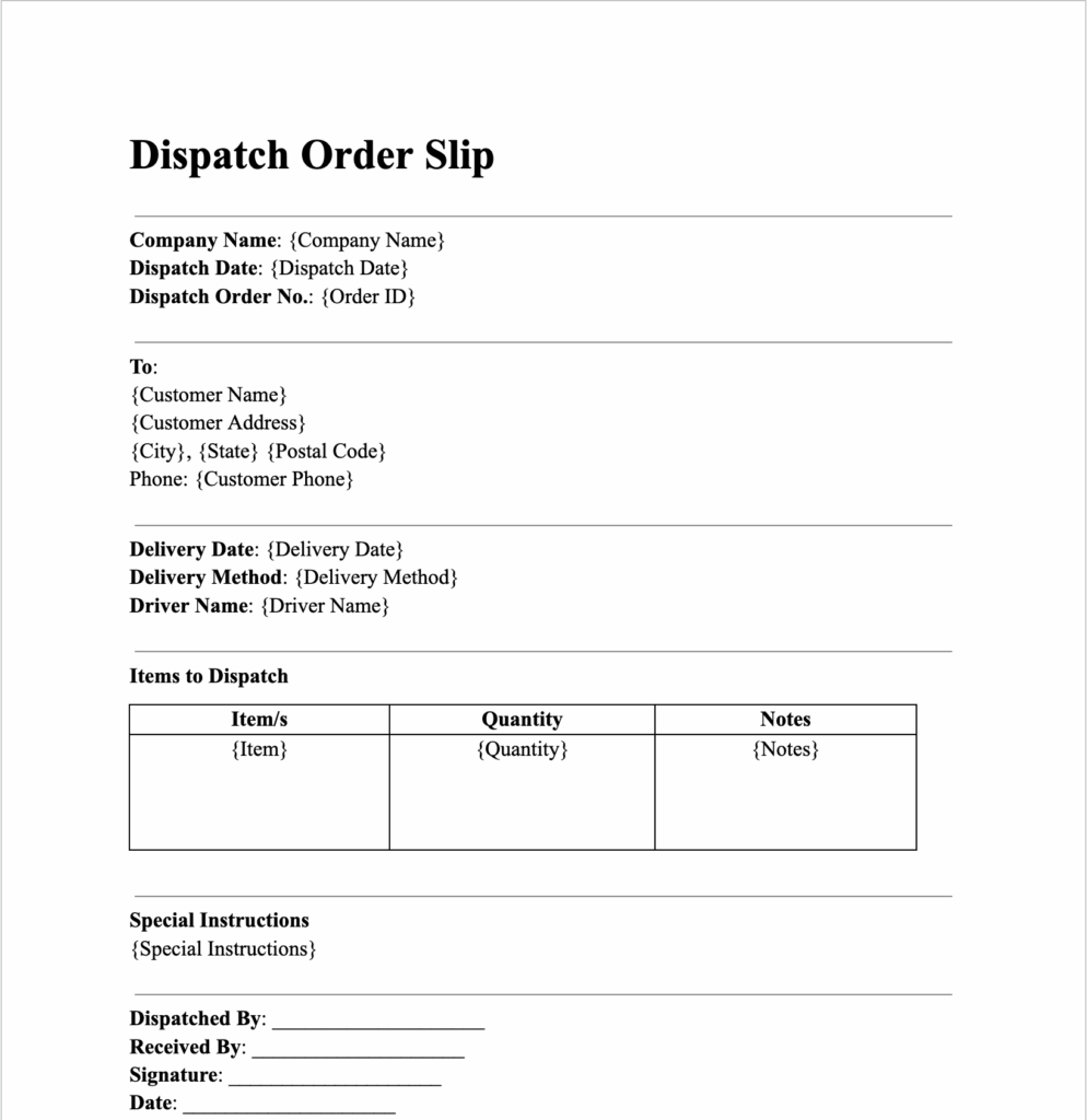 Dispatch Slip Format Free Dispatch Order Word Template – Download & Customize - ActiveMerge