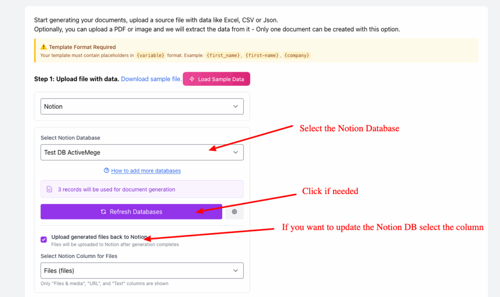 ActiveMerge Notion Document Generation settings 1
