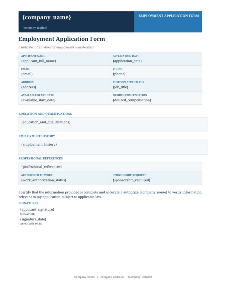 employment application form template